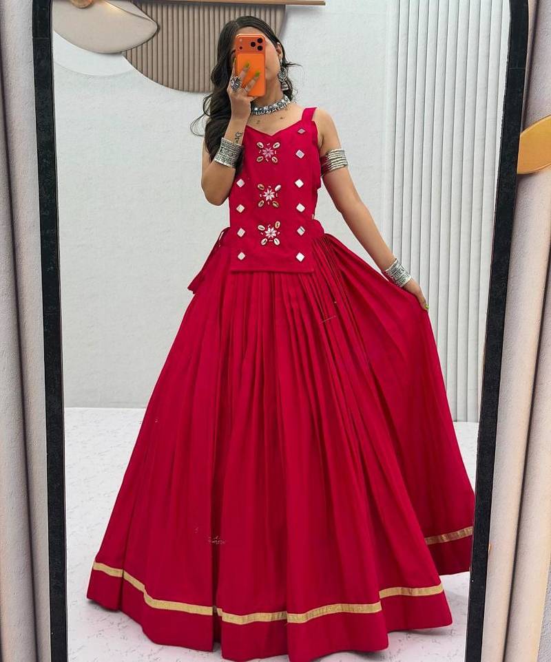 NAVRATRI WEAR PINK COLOR SOLID COTTON LEHENGA CHOLI FREE SIZE FULL STITCHED.