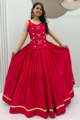 NAVRATRI WEAR PINK SOLID COTTON LEHENGA CHOLI FREE SIZE FULL STITCHED.
