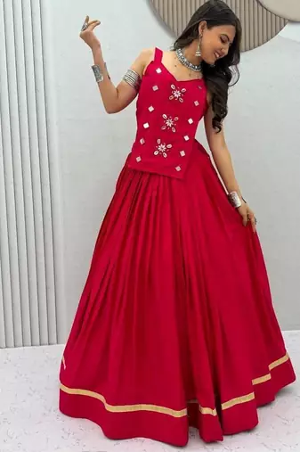 NAVRATRI WEAR PINK SOLID COTTON LEHENGA CHOLI FREE SIZE FULL STITCHED.