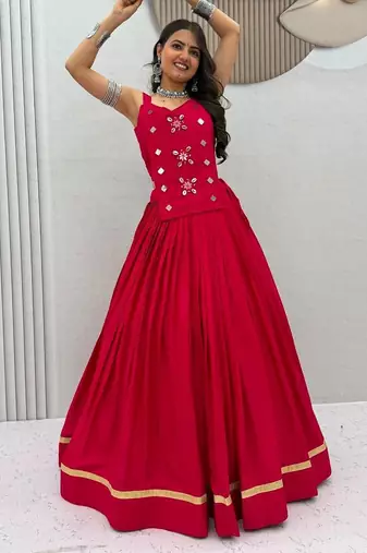 NAVRATRI WEAR PINK SOLID COTTON LEHENGA CHOLI FREE SIZE FULL STITCHED.