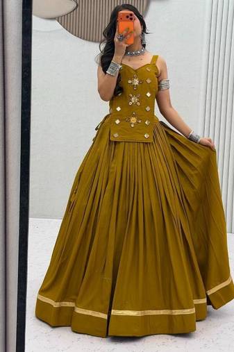 NAVRATRI WEAR MUSTARD SOLID COTTON LEHENGA CHOLI FREE SIZE FULL STITCHED