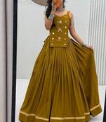 NAVRATRI WEAR MUSTARD COLOR SOLID COTTON LEHENGA CHOLI FREE SIZE FULL STITCHED.