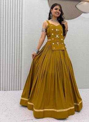 NAVRATRI WEAR MUSTARD SOLID COTTON LEHENGA CHOLI FREE SIZE FULL STITCHED 2