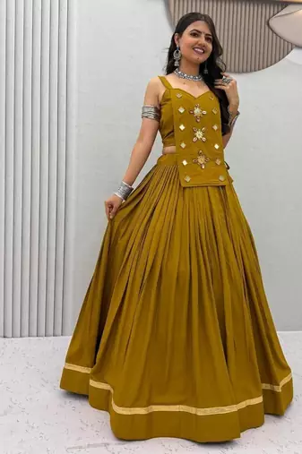 NAVRATRI WEAR MUSTARD SOLID COTTON LEHENGA CHOLI FREE SIZE FULL STITCHED