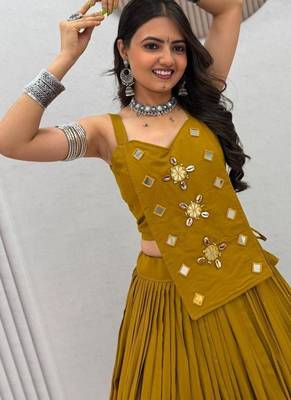 NAVRATRI WEAR MUSTARD SOLID COTTON LEHENGA CHOLI FREE SIZE FULL STITCHED 3