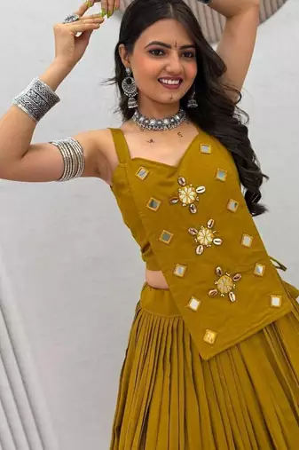 NAVRATRI WEAR MUSTARD SOLID COTTON LEHENGA CHOLI FREE SIZE FULL STITCHED
