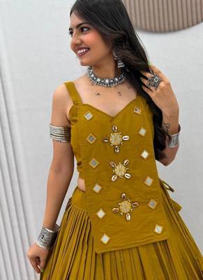 NAVRATRI WEAR MUSTARD SOLID COTTON LEHENGA CHOLI FREE SIZE FULL STITCHED 4