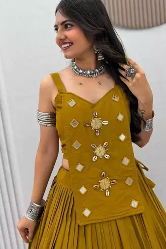 NAVRATRI WEAR MUSTARD SOLID COTTON LEHENGA CHOLI FREE SIZE FULL STITCHED