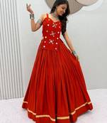 NAVRATRI WEAR RUST COLOR SOLID COTTON LEHENGA CHOLI FREE SIZE FULL STITCHED.
