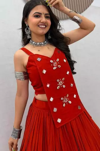 NAVRATRI WEAR RUST SOLID COTTON LEHENGA CHOLI FREE SIZE FULL STITCHED