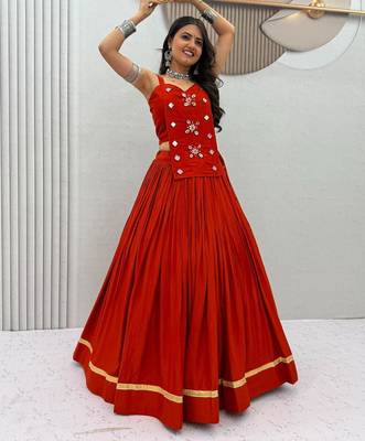 NAVRATRI WEAR RUST SOLID COTTON LEHENGA CHOLI FREE SIZE FULL STITCHED 3