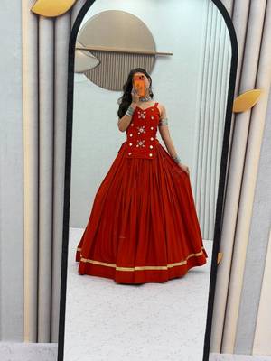 NAVRATRI WEAR RUST SOLID COTTON LEHENGA CHOLI FREE SIZE FULL STITCHED 4