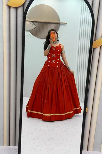 NAVRATRI WEAR RUST SOLID COTTON LEHENGA CHOLI FREE SIZE FULL STITCHED