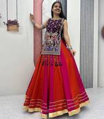 NAVRATRI WEAR PINK-ORANGE COLOR VICHITRA SILK SOLI LEHENGA CHOLI FREE SIZE FULL-STITCHED.