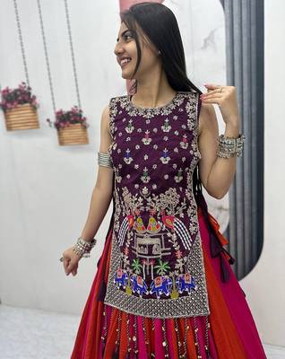 NAVRATRI  PINK-ORANGE VICHITRA SILK SOLI LEHENGA CHOLI  FULL-STITCHED 3