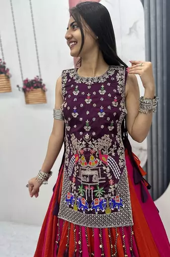 NAVRATRI WEAR PINK-ORANGE VICHITRA SILK SOLI LEHENGA CHOLI FREE SIZE FULL-STITCHED.