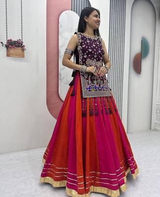 NAVRATRI  PINK-ORANGE VICHITRA SILK SOLI LEHENGA CHOLI  FULL-STITCHED 4