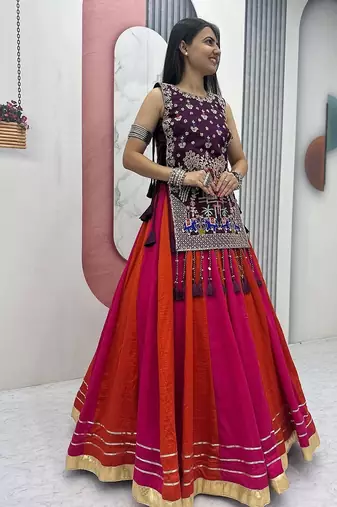 NAVRATRI WEAR PINK-ORANGE VICHITRA SILK SOLI LEHENGA CHOLI FREE SIZE FULL-STITCHED.