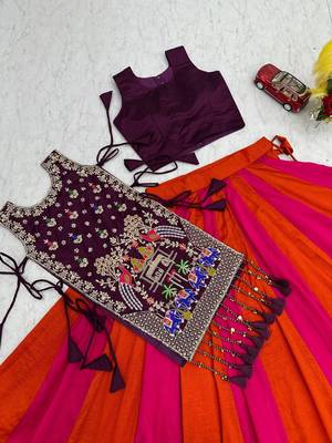 NAVRATRI  PINK-ORANGE VICHITRA SILK SOLI LEHENGA CHOLI  FULL-STITCHED 6