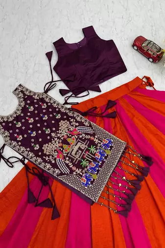 NAVRATRI WEAR PINK-ORANGE VICHITRA SILK SOLI LEHENGA CHOLI FREE SIZE FULL-STITCHED.