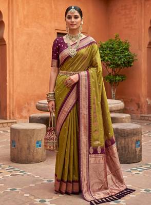 Olive green soft silk blend saree with zari weaving meenakari design 1