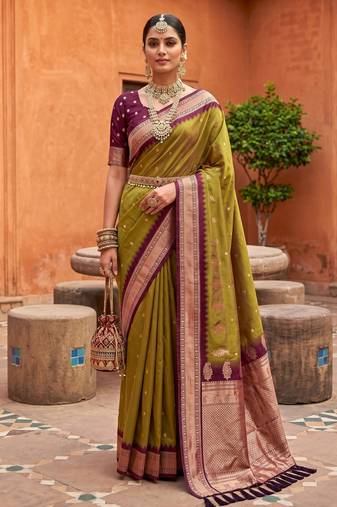 Olive green soft silk blend saree with zari weaving meenakari design