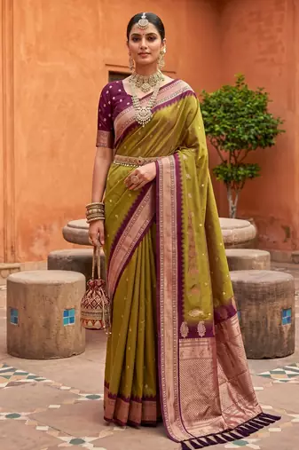 Olive green soft silk blend saree with zari weaving meenakari design