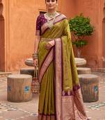 Olive green soft silk blend saree with zari weaving meenakari design