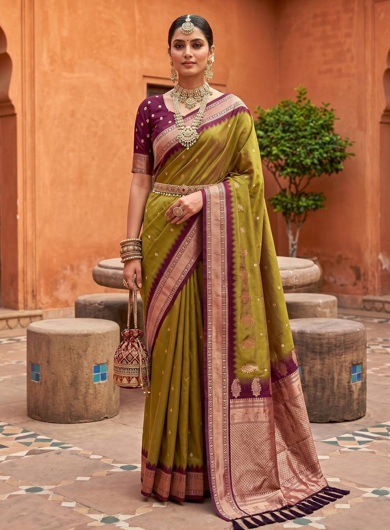 Olive green soft silk blend saree with zari weaving meenakari design