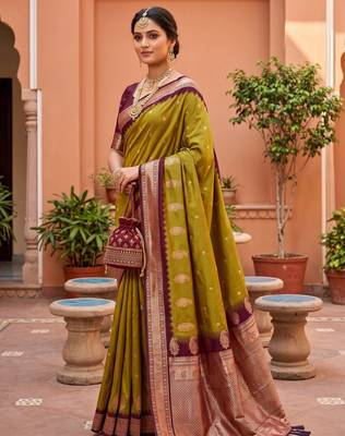 Olive green soft silk blend saree with zari weaving meenakari design 2