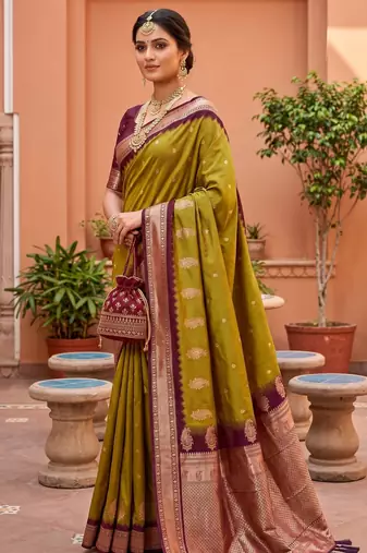 Olive green soft silk blend saree with zari weaving meenakari design