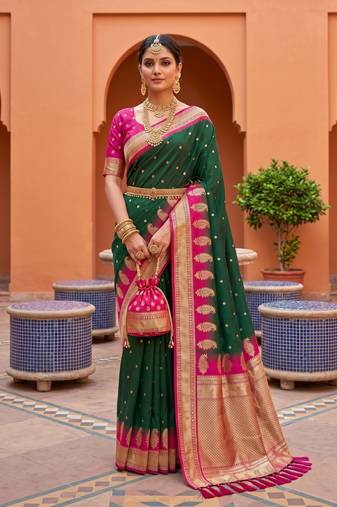 Green soft silk blend saree with zari weaving meenakari design