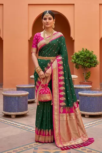Green soft silk blend saree with zari weaving meenakari design