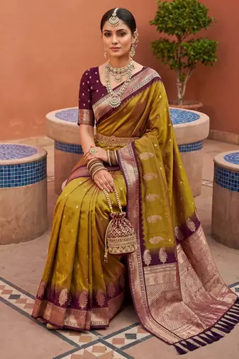 Olive green soft silk blend saree with zari weaving meenakari design