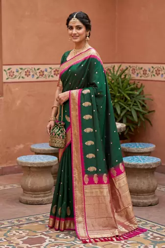 Green soft silk blend saree with zari weaving meenakari design