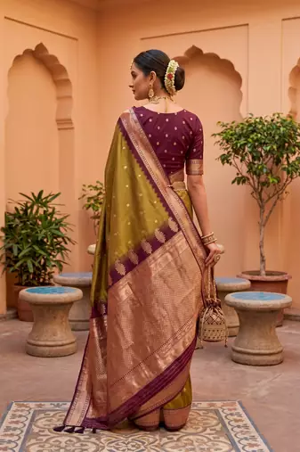 Olive green soft silk blend saree with zari weaving meenakari design