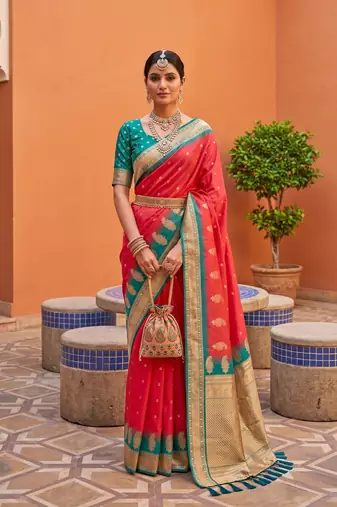 Peach soft silk blend saree with zari weaving meenakari design