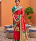 Peach soft silk blend saree with zari weaving meenakari design