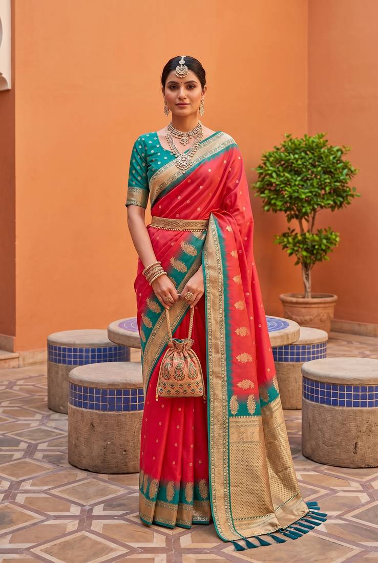 Peach soft silk blend saree with zari weaving meenakari design