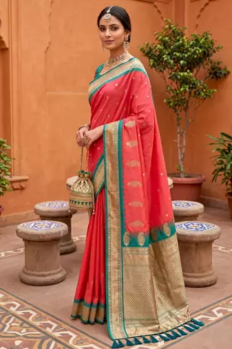 Peach soft silk blend saree with zari weaving meenakari design