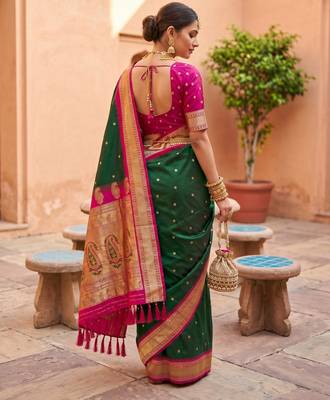Green soft silk blend saree with zari weaving meenakari design 4