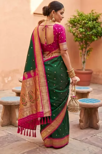 Green soft silk blend saree with zari weaving meenakari design