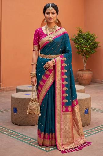 Teal soft silk blend saree with zari weaving meenakari design