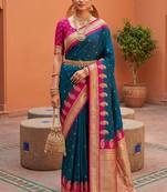 Teal soft silk blend saree with zari weaving meenakari design