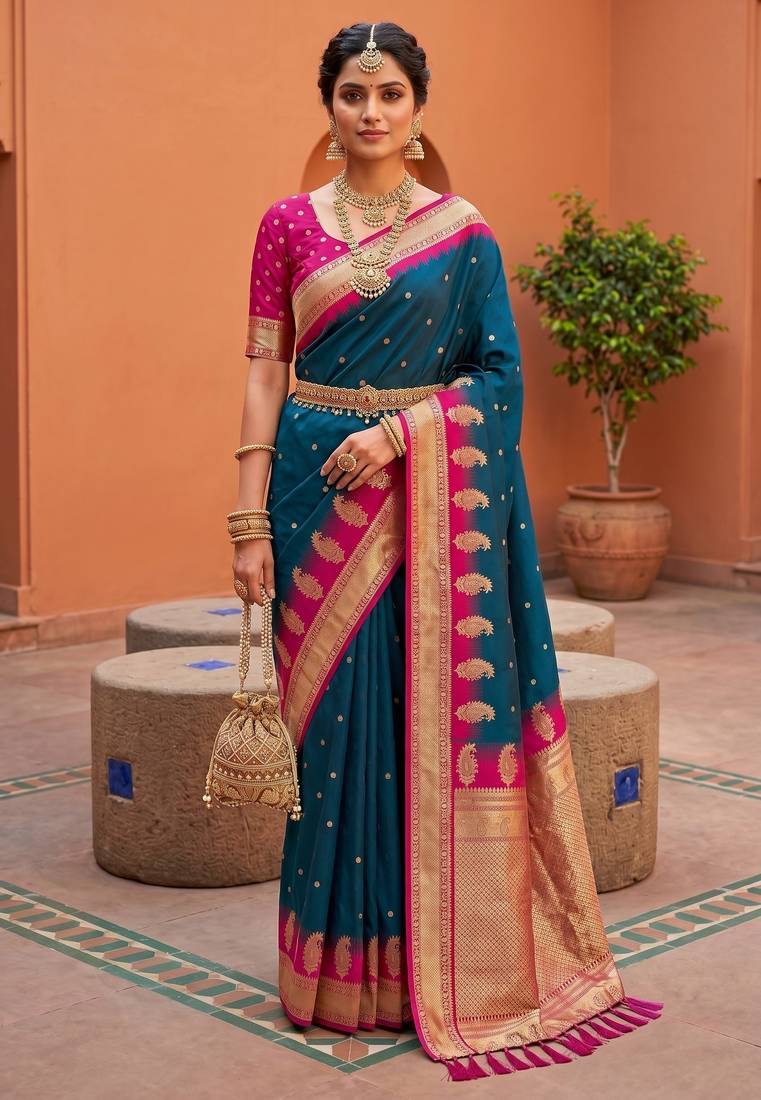 Teal soft silk blend saree with zari weaving meenakari design