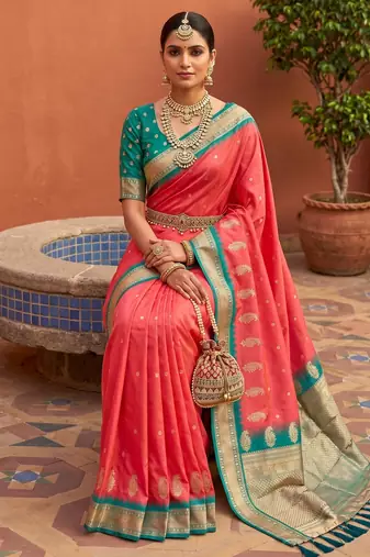 Peach soft silk blend saree with zari weaving meenakari design