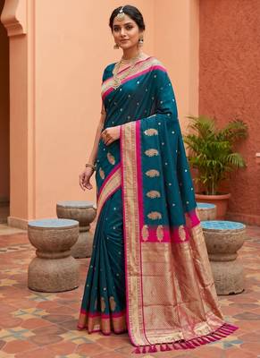 Teal soft silk blend saree with zari weaving meenakari design 2