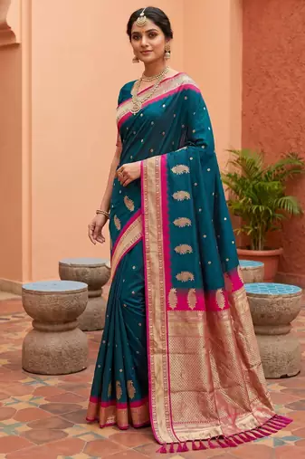 Teal soft silk blend saree with zari weaving meenakari design
