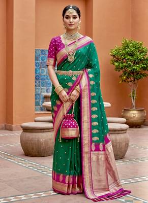 Sea green soft silk blend saree with zari weaving meenakari design 1