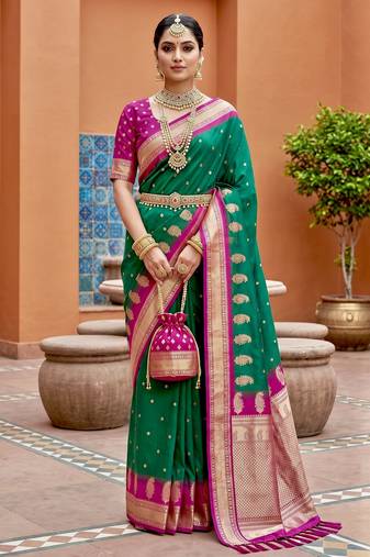 Sea green soft silk blend saree with zari weaving meenakari design